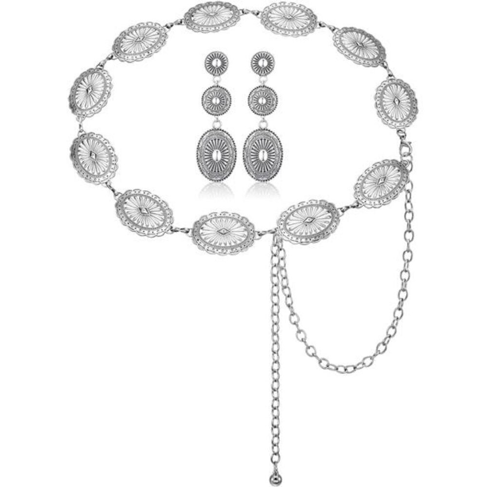 Western Concho Belt & Earring Set â Vintage Silver-Tone Rodeo Style Cowgirl
